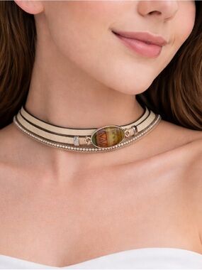 Beige Multi-Strand Leather Necklace/Bracelet | Crystal Charm Magnetic